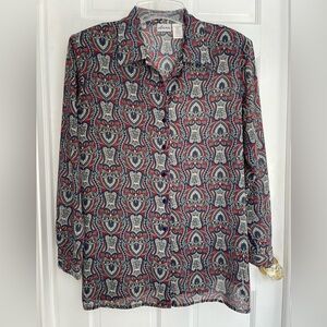 Gorgeous, vintage blouse, tiny white flowers with swirls in red, blue by Anna XL